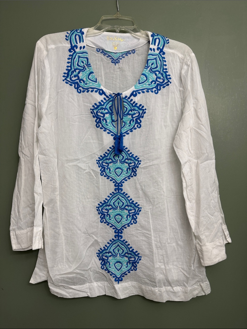 Lilly Pulitzer White Embroidered Tunic Top with Blue Accent